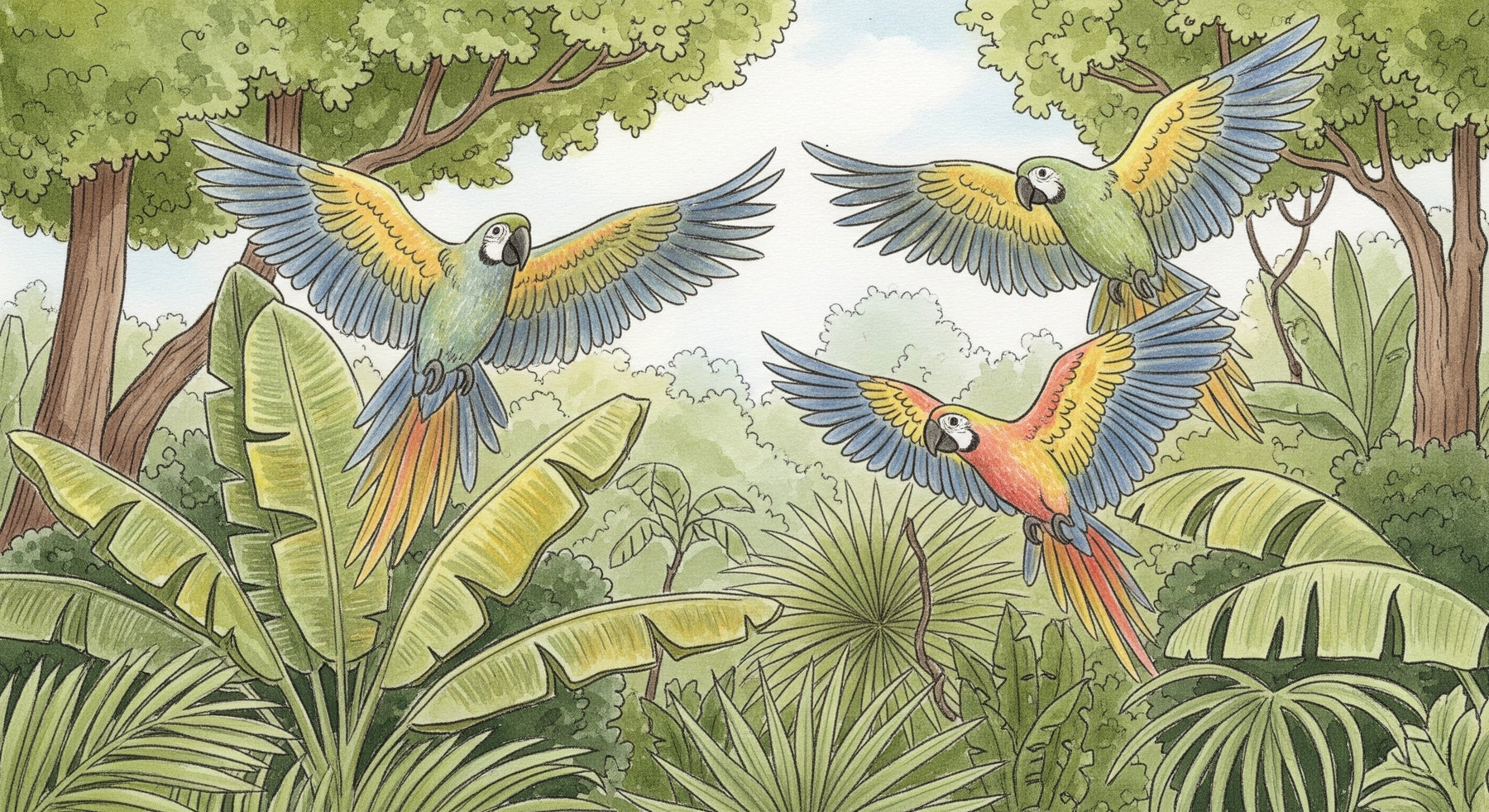 Detailed tropical parrots mural wallpaper design pattern showing colorful jungle birds by Kids-Mundo