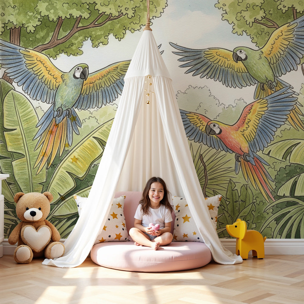 Tropical parrots mural wallpaper creating vibrant jungle nursery decor by Kids-Mundo