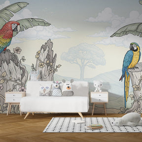 Jungle birds mural wallpaper featuring vibrant parrots in kids playroom setting by Kids-Mundo