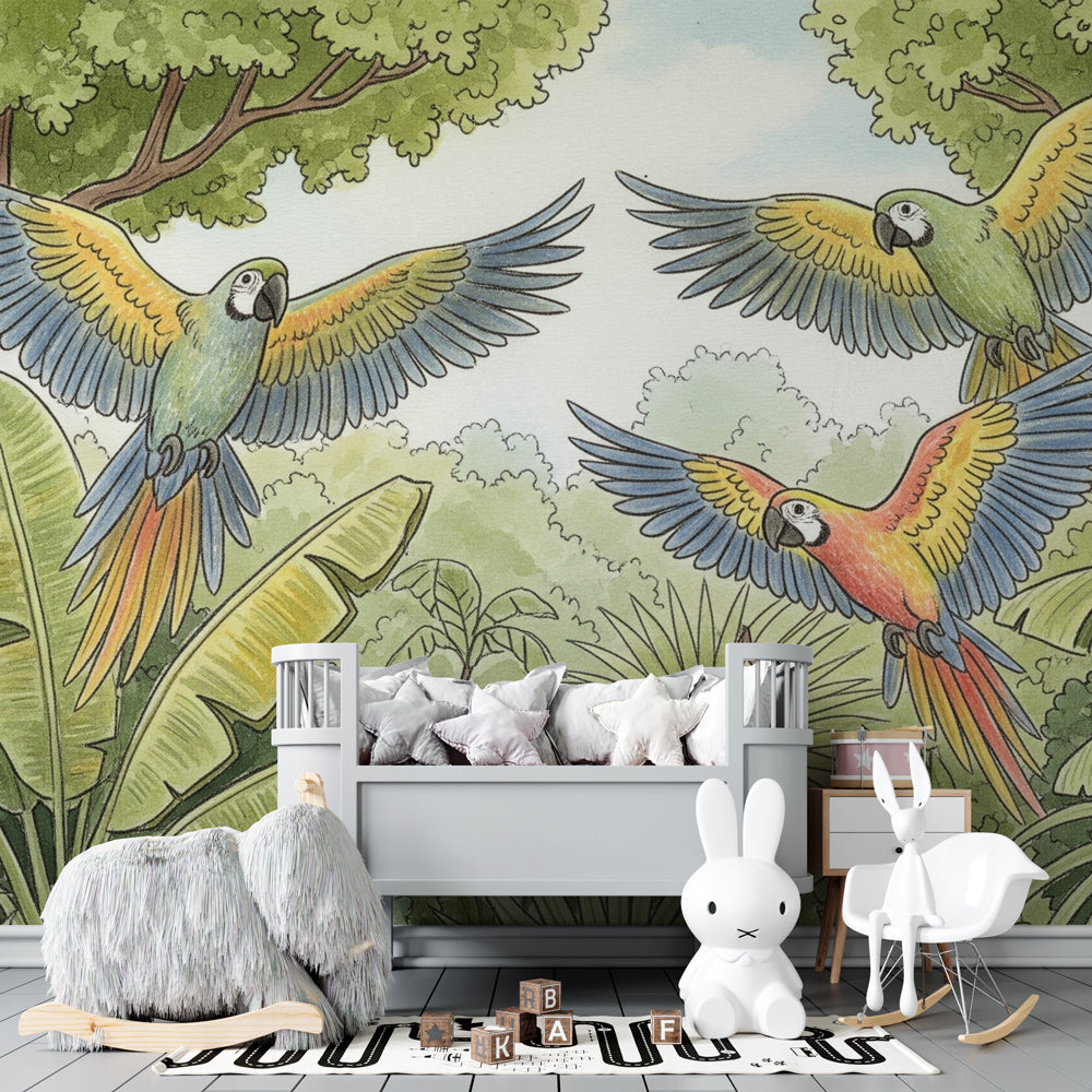 Jungle birds mural wallpaper for kids playroom featuring exotic parrots in natural habitat