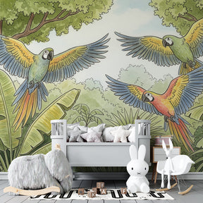 Jungle birds mural wallpaper for kids playroom featuring exotic parrots in natural habitat