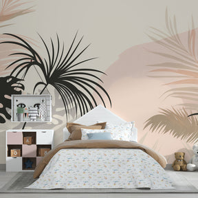 Elegant botanical wallpaper featuring palm leaves creating serene children's bedroom decor