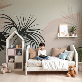 Tropical plants mural wallpaper with beige and pink tones in modern nursery by Kids-Mundo