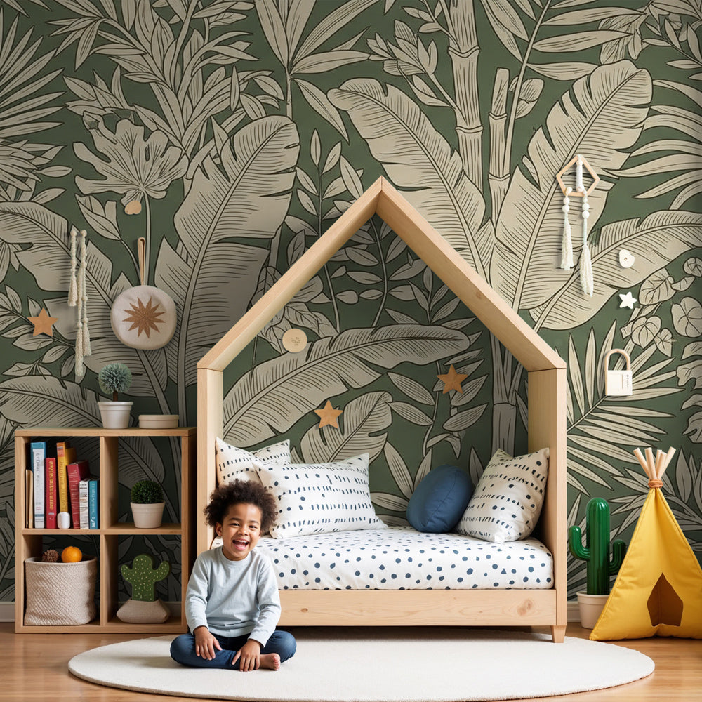 Tropical plants mural wallpaper creating serene botanical nursery atmosphere by Kids-Mundo