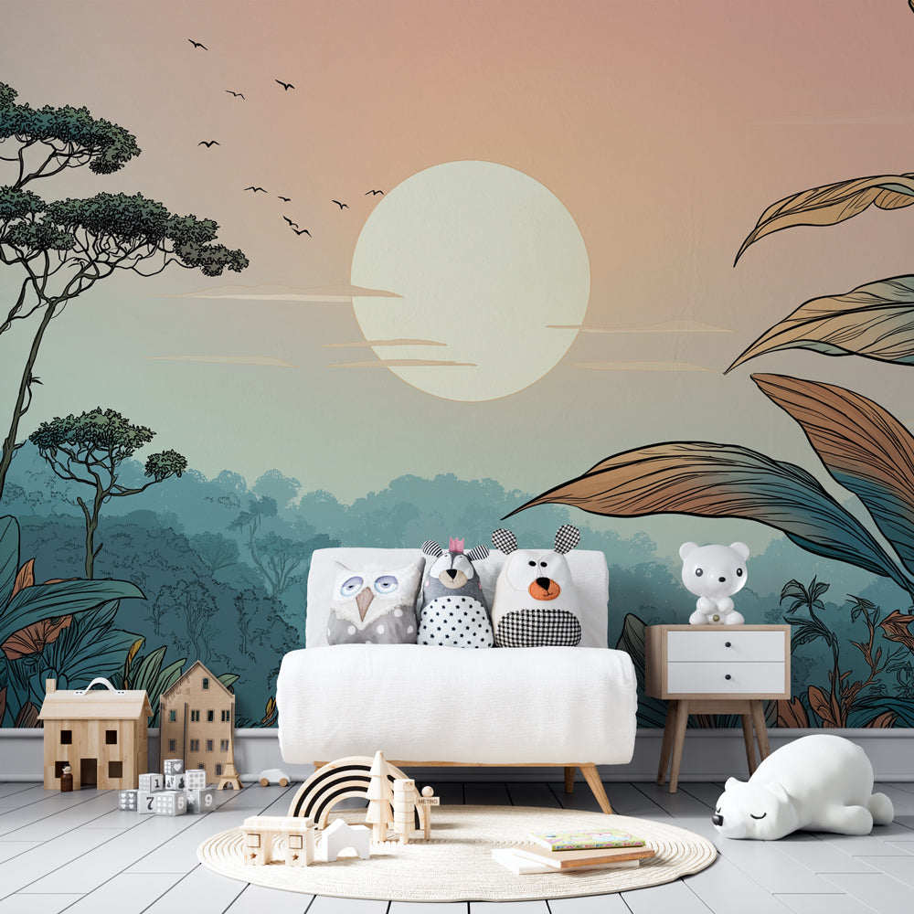 Paradise landscape wallpaper transforming kids bedroom into natural sanctuary with warm sunset tones