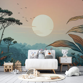 Paradise landscape wallpaper transforming kids bedroom into natural sanctuary with warm sunset tones