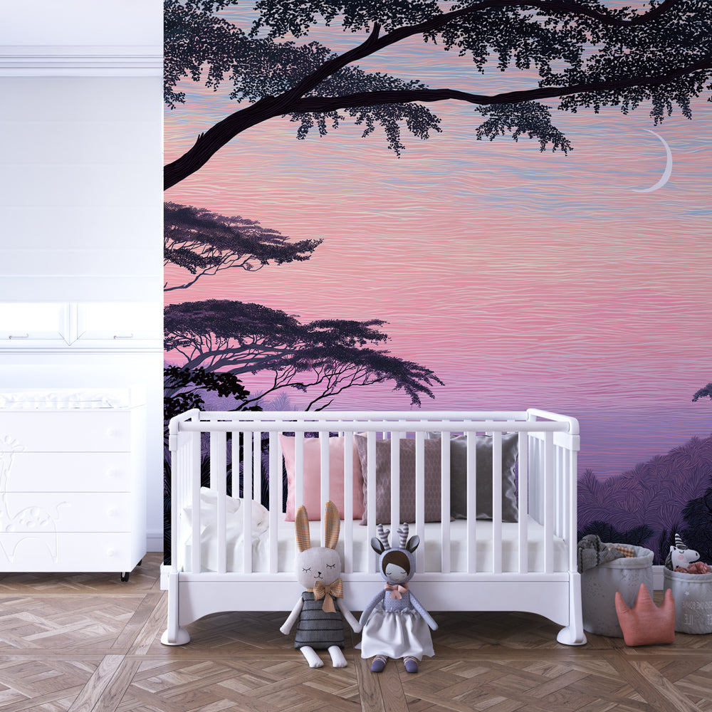 Peaceful tropical landscape wallpaper creating serene kids bedroom atmosphere
