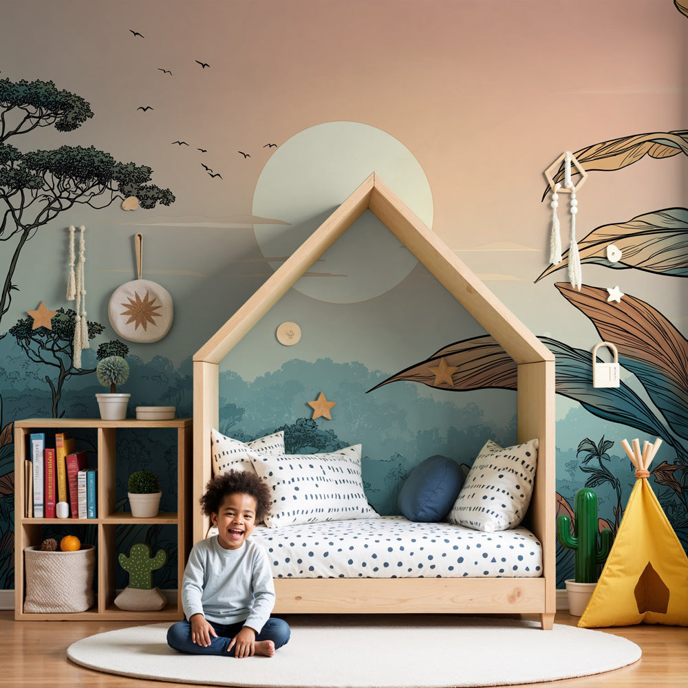 Tropical sunset mural wallpaper creating peaceful nursery atmosphere with golden light by Kids-Mundo