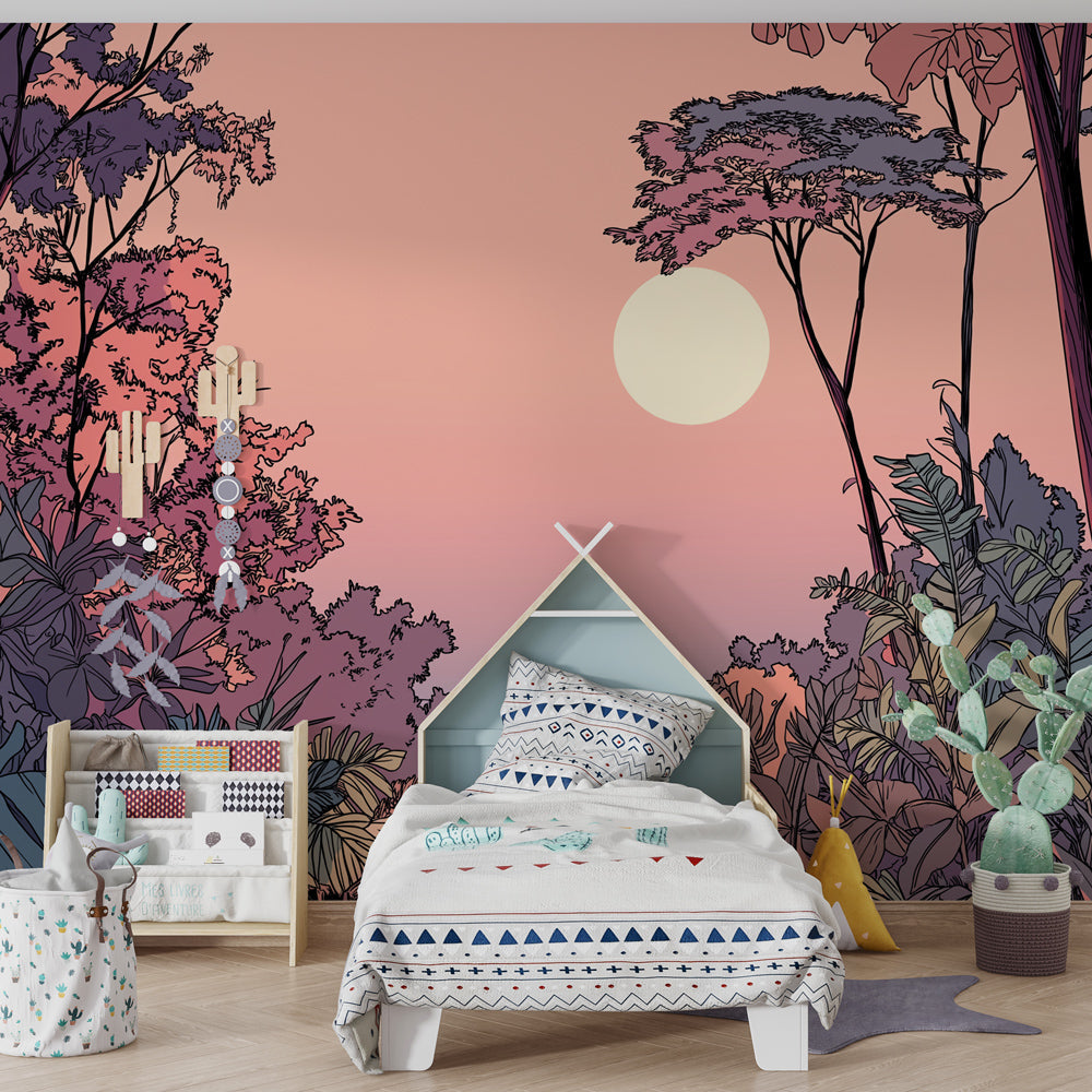 Pink sunset tropical mural wallpaper inspiring imaginative play in kids room setting