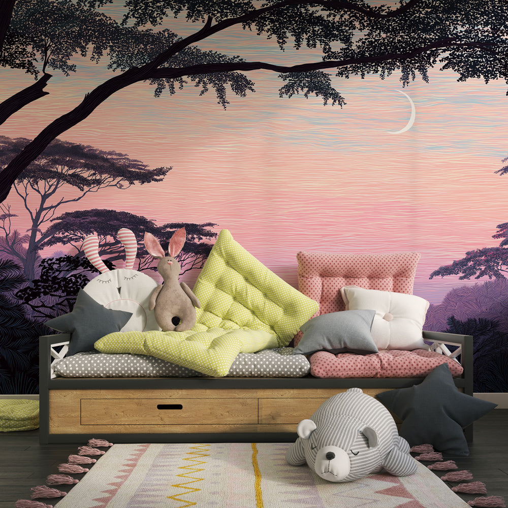 Tropical sunset wallpaper with pink and purple hues for calming children's room decor