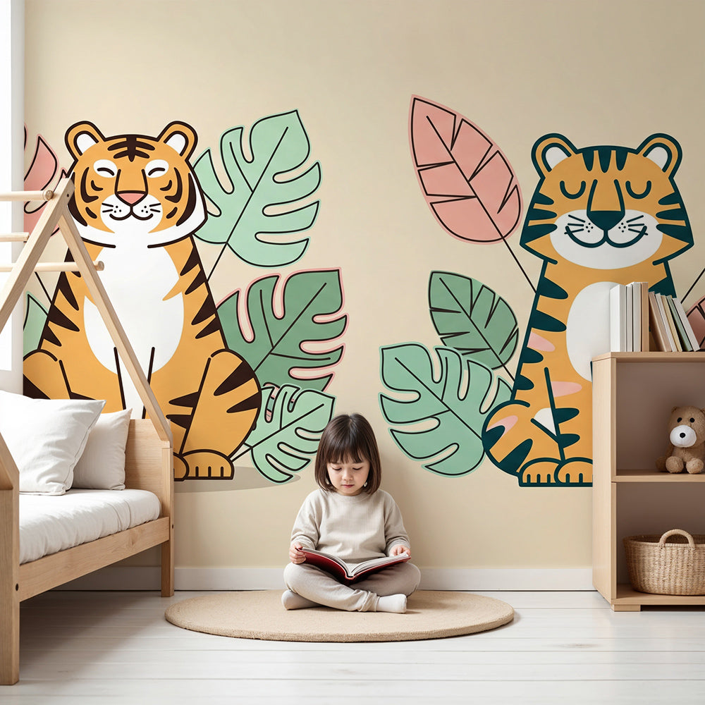Kids-Mundo two smiling tigers among leaves brightening a playful kids bedroom wall space