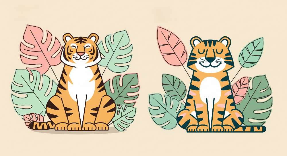 Kids-Mundo flat illustration of two smiling tigers among pink and green tropical leaves