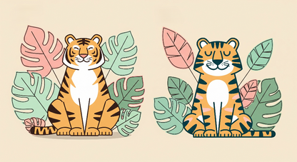 Kids-Mundo flat illustration of two smiling tigers among pink and green tropical leaves