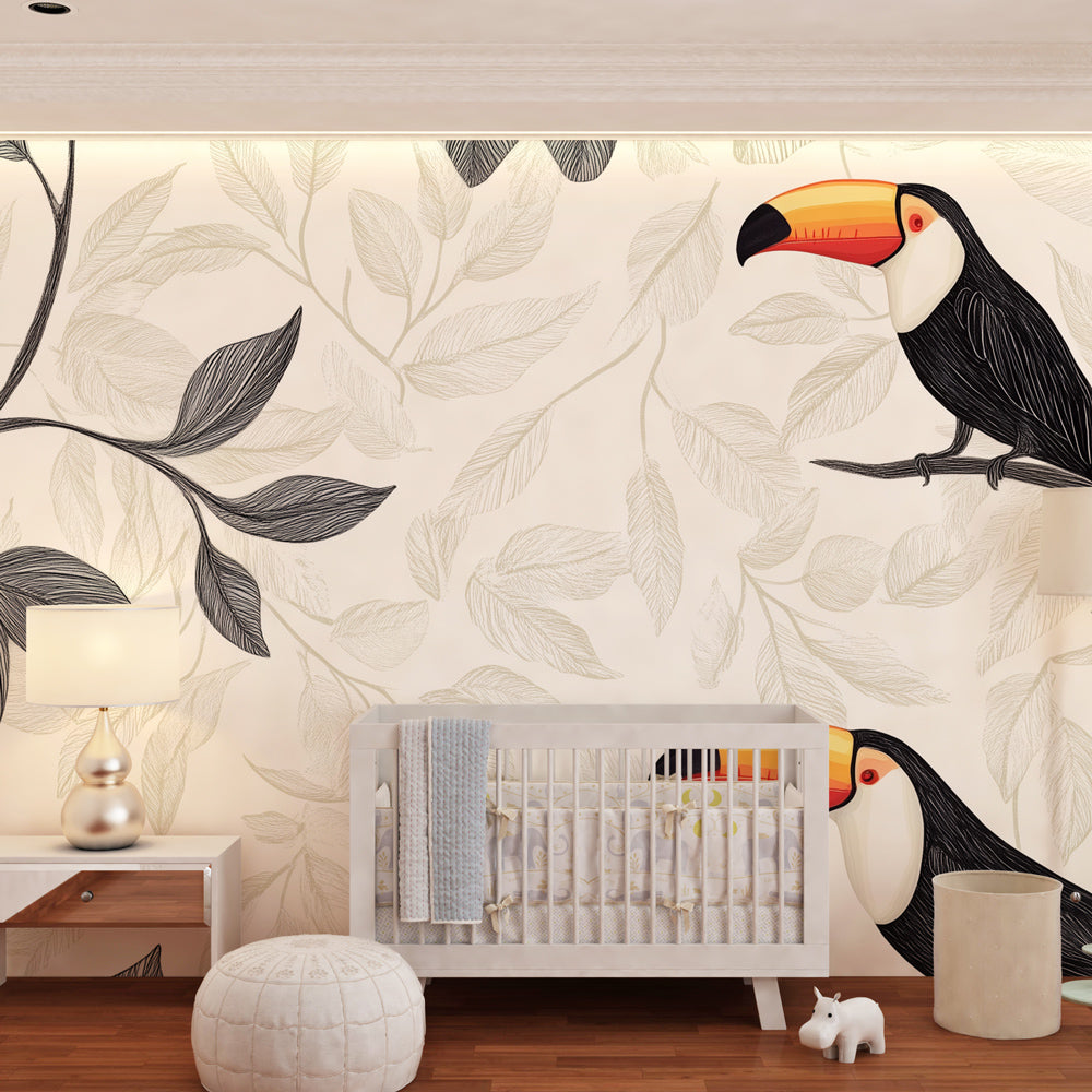 Colorful toucan wallpaper transforming children's bedroom with tropical paradise theme