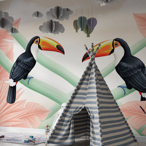 Colorful toucan jungle wallpaper transforming modern kids bedroom with tropical bird theme by Kids-Mundo