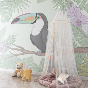 Colorful toucan wallpaper transforming kids bedroom into tropical sanctuary with exotic flowers