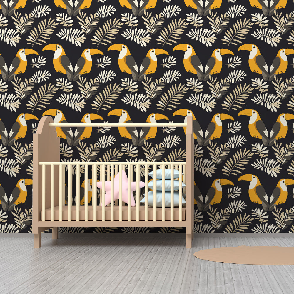 Colorful toucan wallpaper with black background decorating children's bedroom with natural wood furniture