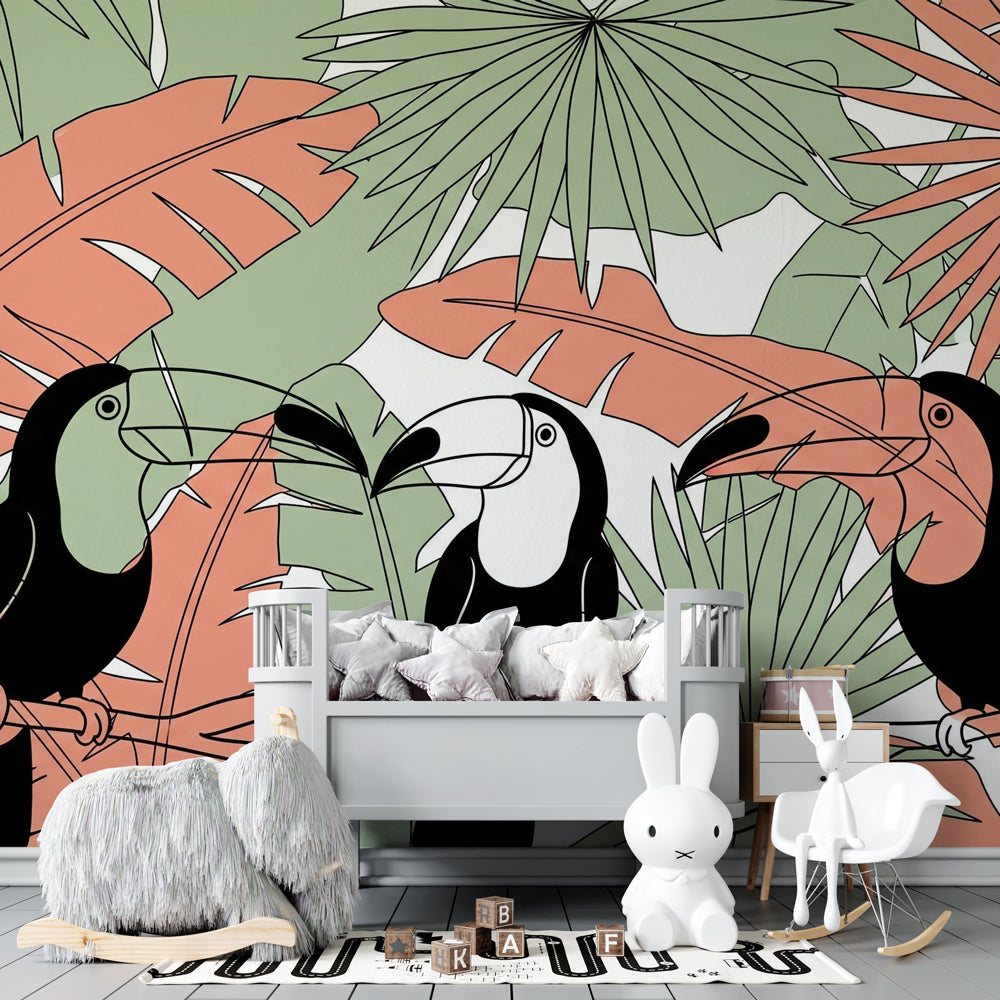 Colorful toucan and palm leaf wallpaper transforming children's bedroom into tropical paradise