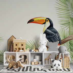 Lush jungle wallpaper with colorful toucan decorating children's bedroom wall