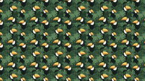 Detailed tropical toucan mural wallpaper design pattern with colorful birds and jungle leaves by Kids-Mundo