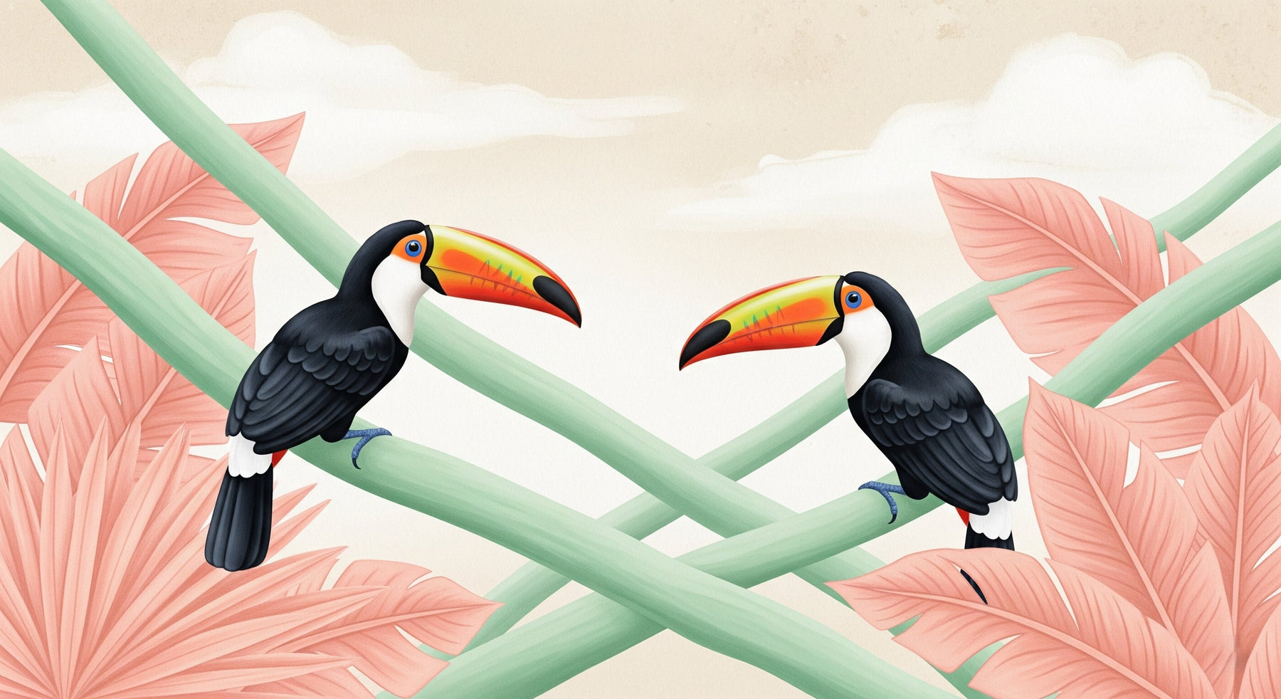 Detailed tropical toucan mural wallpaper design pattern showing colorful birds and pink jungle foliage by Kids-Mundo