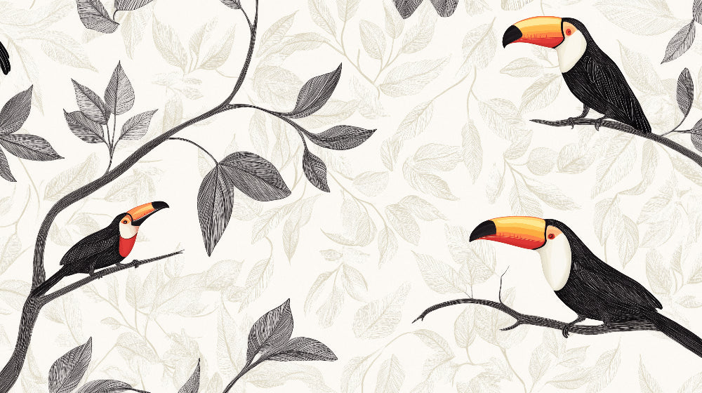 Detailed tropical toucan mural wallpaper design pattern showing colorful birds and elegant foliage by Kids-Mundo