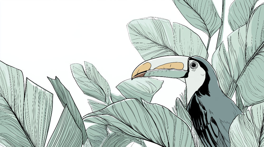 Detailed tropical toucan and foliage mural wallpaper design pattern by Kids-Mundo