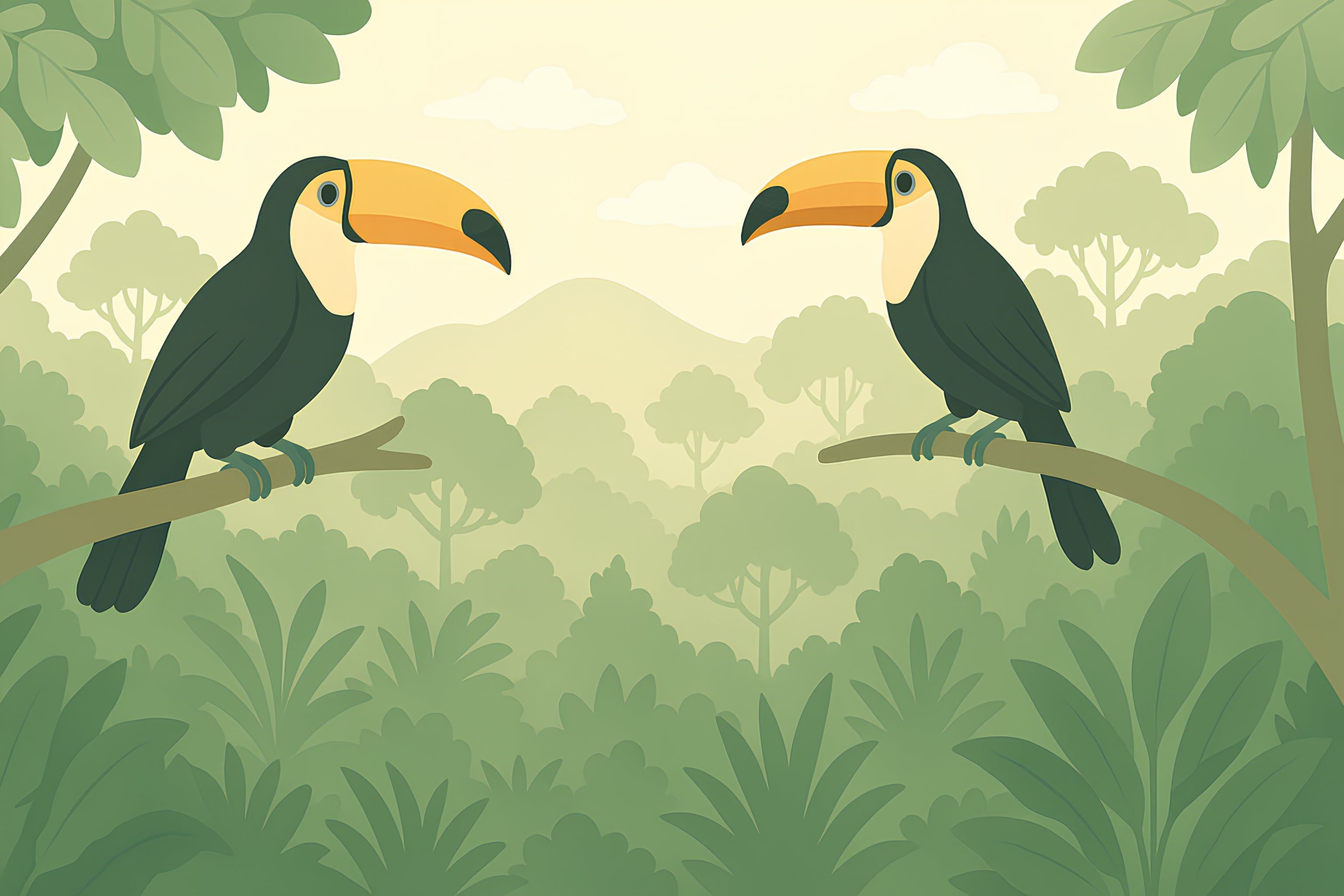 Detailed tropical toucan mural wallpaper design pattern with jungle birds and foliage by Kids-Mundo