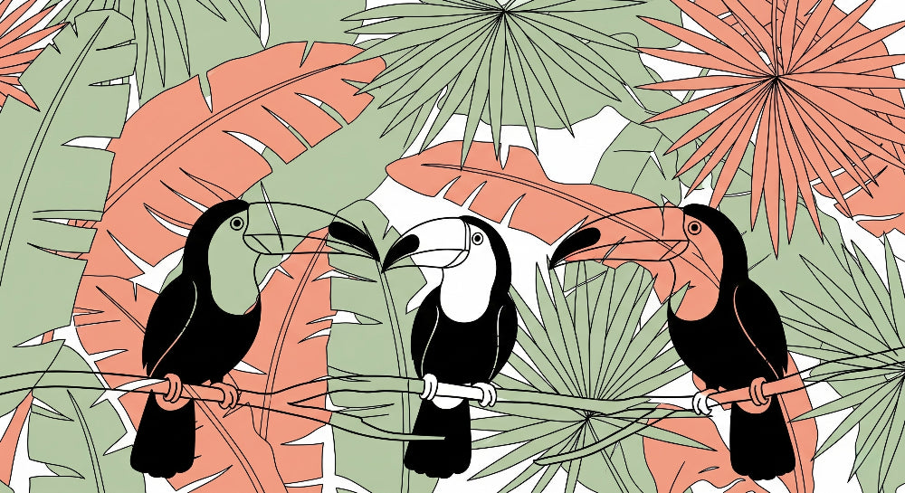 Detailed tropical toucan and palm leaves mural wallpaper design pattern by Kids-Mundo