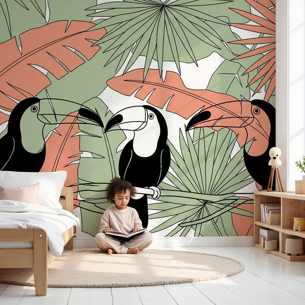 Tropical toucan mural wallpaper creating exotic jungle atmosphere in modern kids nursery by Kids-Mundo