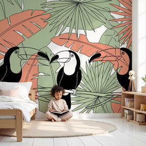 Tropical toucan mural wallpaper creating exotic jungle atmosphere in modern kids nursery by Kids-Mundo