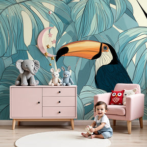 Tropical toucan mural wallpaper in modern nursery with natural wood crib by Kids-Mundo