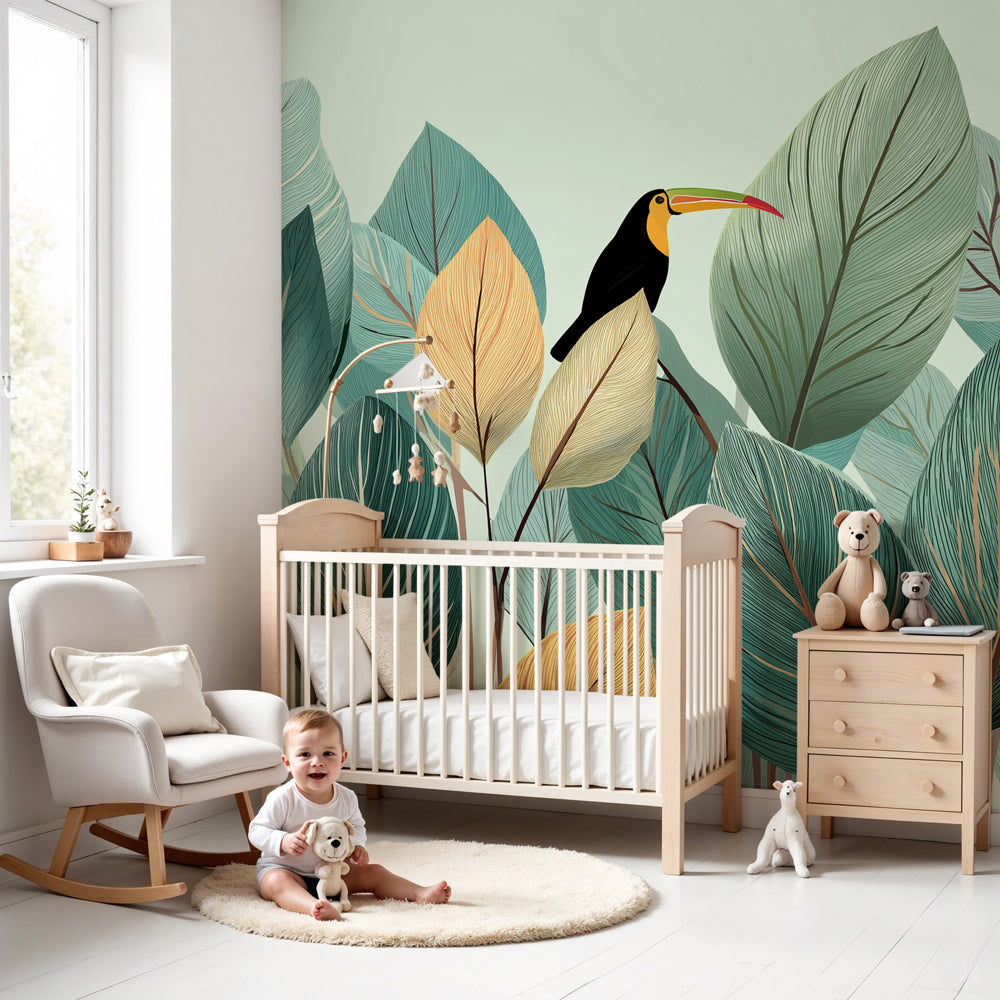Tropical toucan mural wallpaper in modern nursery with natural wood crib by Kids-Mundo