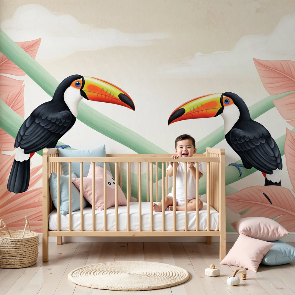 Tropical toucan mural wallpaper creating jungle-themed nursery decor with pink and green botanical design by Kids-Mundo