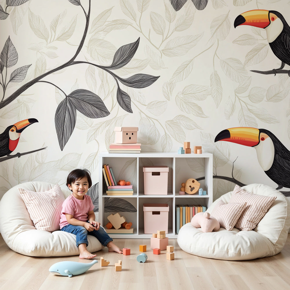Tropical toucan mural wallpaper creating vibrant nursery decor with colorful exotic birds by Kids-Mundo