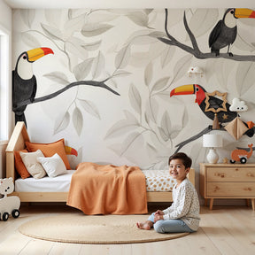 Tropical toucan mural wallpaper creating exotic nursery decor with elegant birds and foliage by Kids-Mundo
