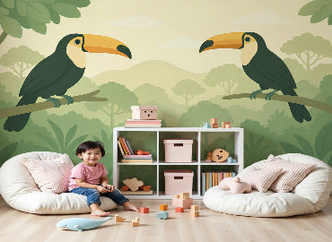 Tropical toucan mural wallpaper creating jungle adventure theme in modern nursery by Kids-Mundo