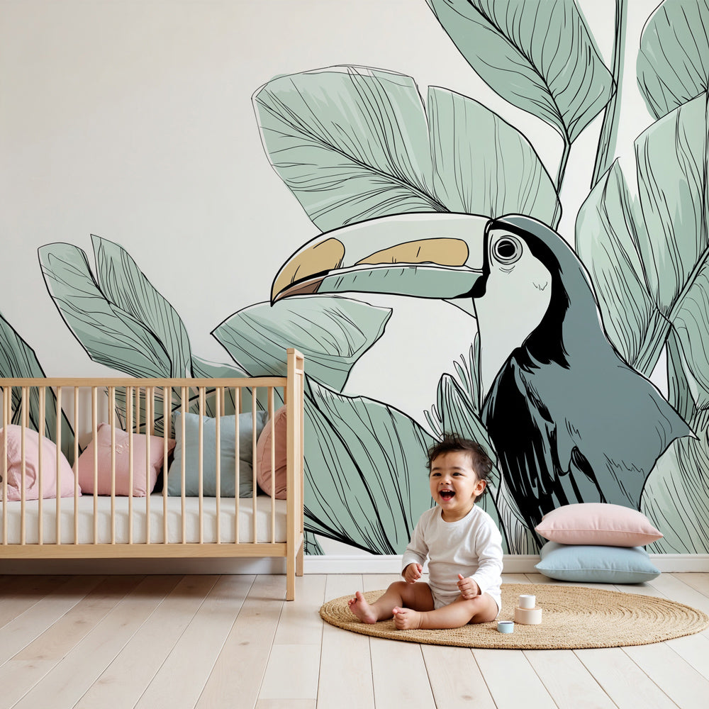 Tropical toucan mural wallpaper creating jungle atmosphere in modern kids nursery by Kids-Mundo