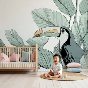 Tropical toucan mural wallpaper creating jungle atmosphere in modern kids nursery by Kids-Mundo