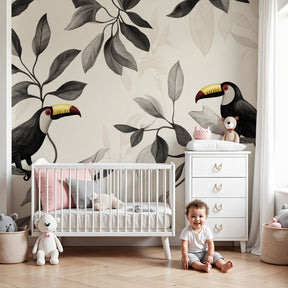 Tropical toucan mural wallpaper creating exotic nursery decor with monochrome botanical design by Kids-Mundo