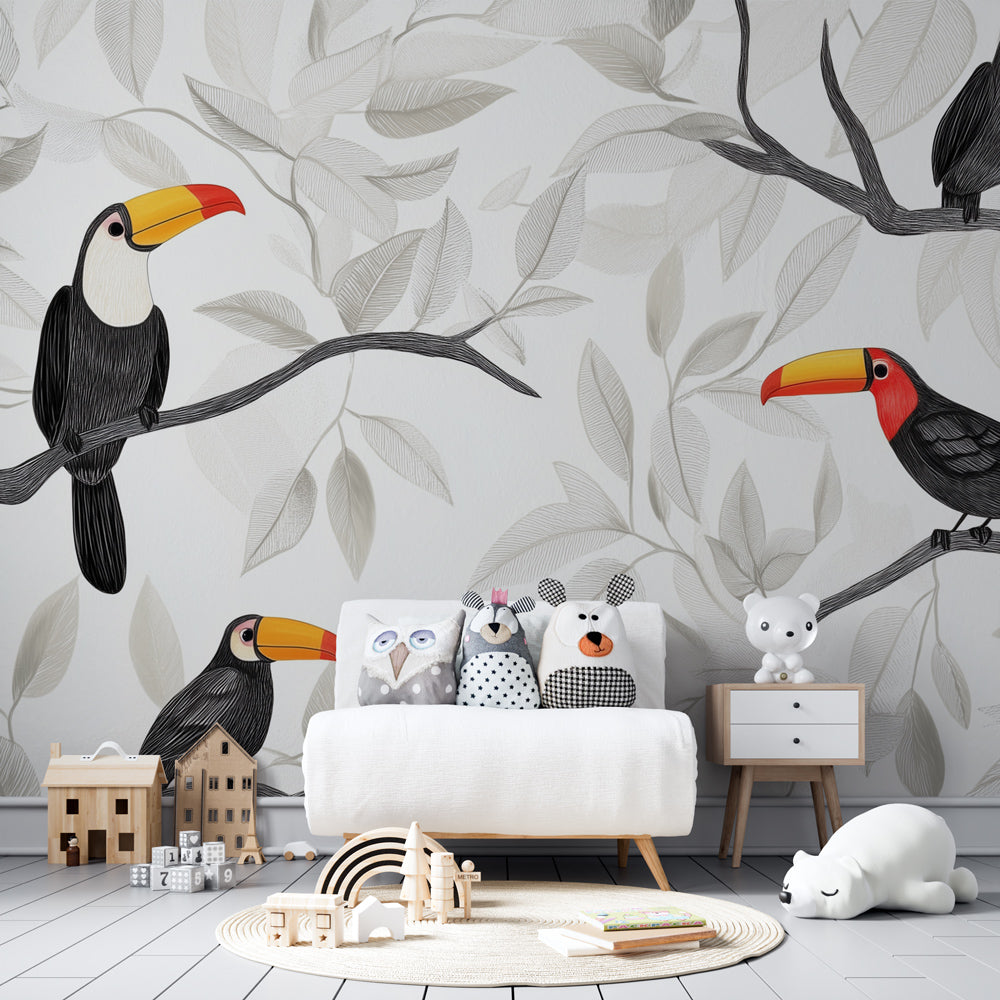 Animal mural wallpaper featuring toucans in modern children's playroom by Kids-Mundo
