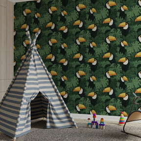 Vibrant tropical bird mural wallpaper transforming children's playroom into jungle paradise
