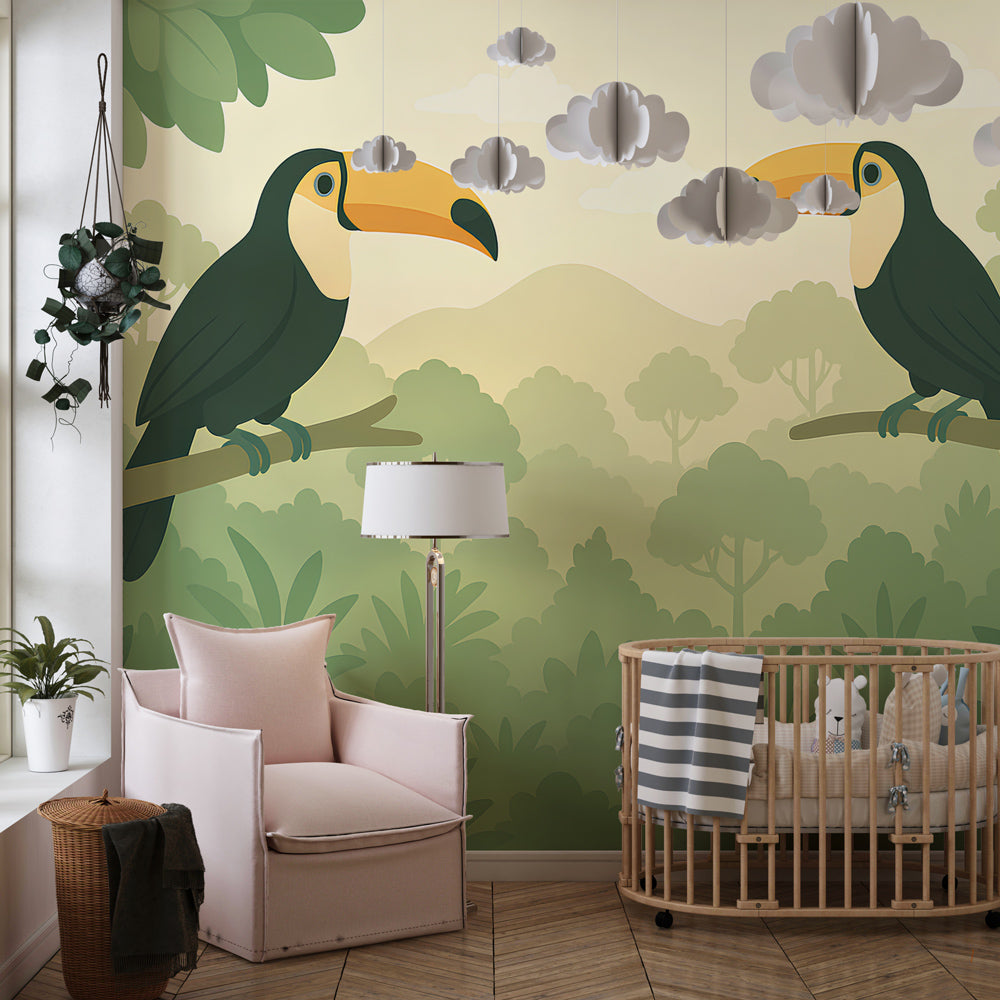 Colorful toucan mural wallpaper in children's playroom featuring exotic jungle adventure decor