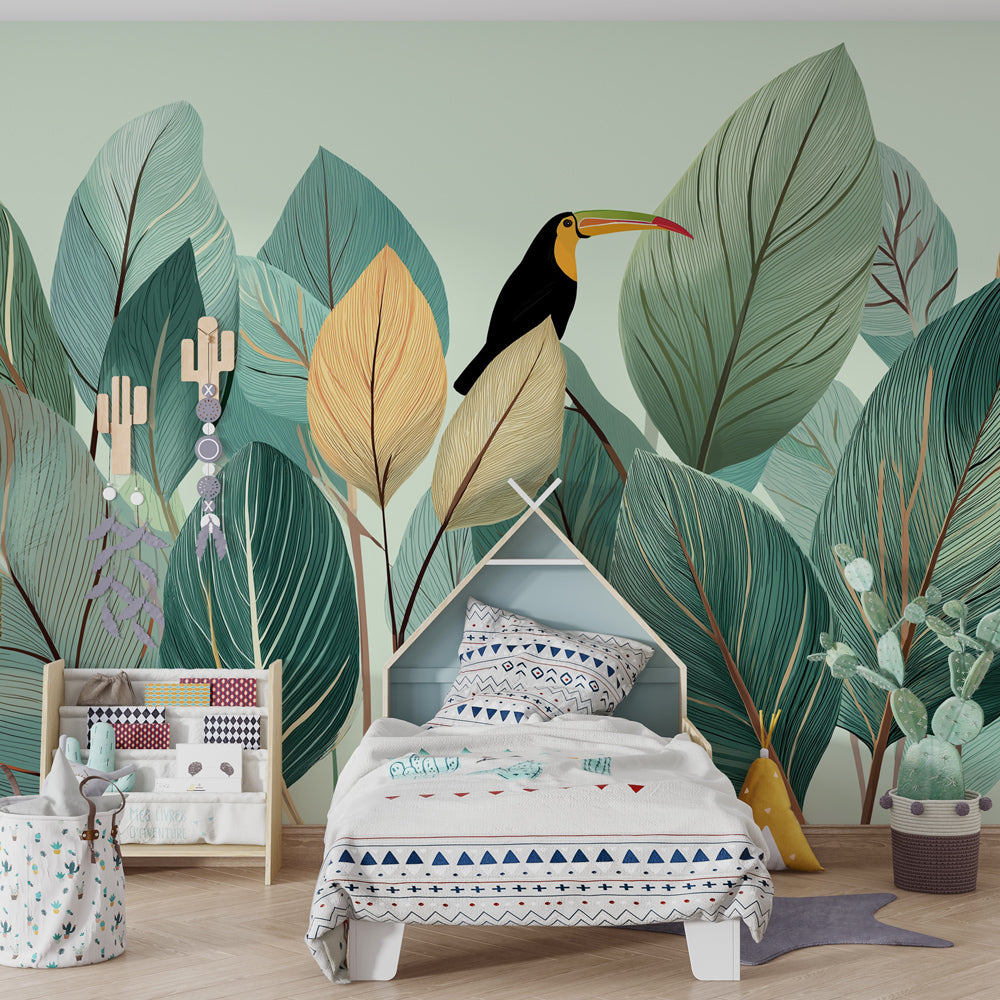 Children's playroom with tropical mural wallpaper creating calming jungle atmosphere