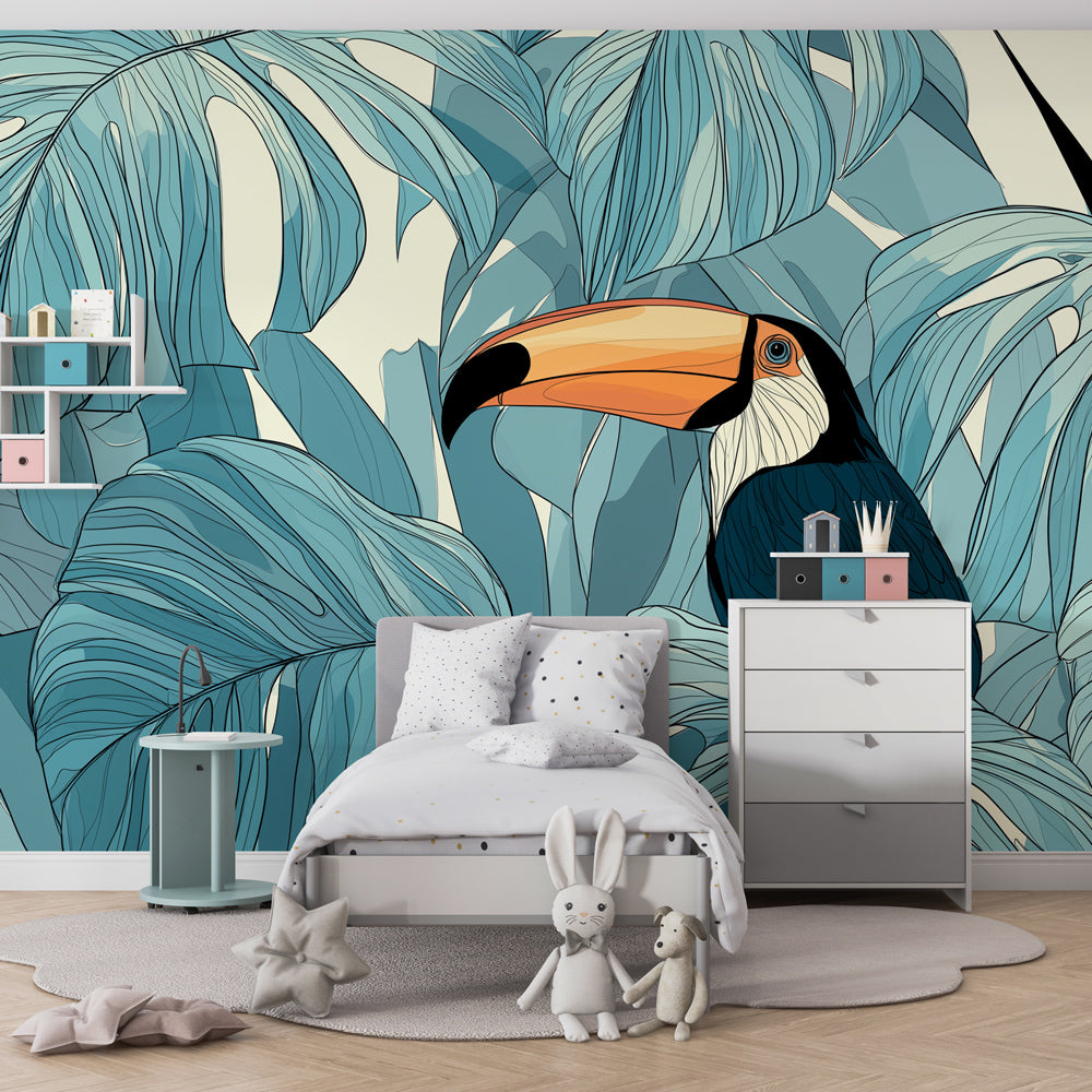Tropical jungle mural wallpaper with toucan design in bright children's playroom setting