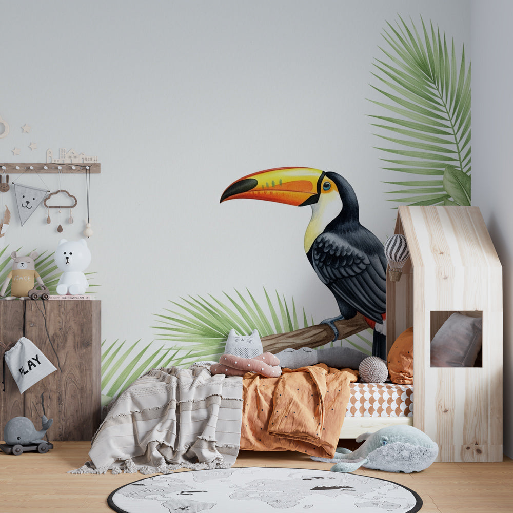 Botanical toucan wallpaper transforming kids playroom into tropical paradise