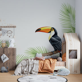 Botanical toucan wallpaper transforming kids playroom into tropical paradise