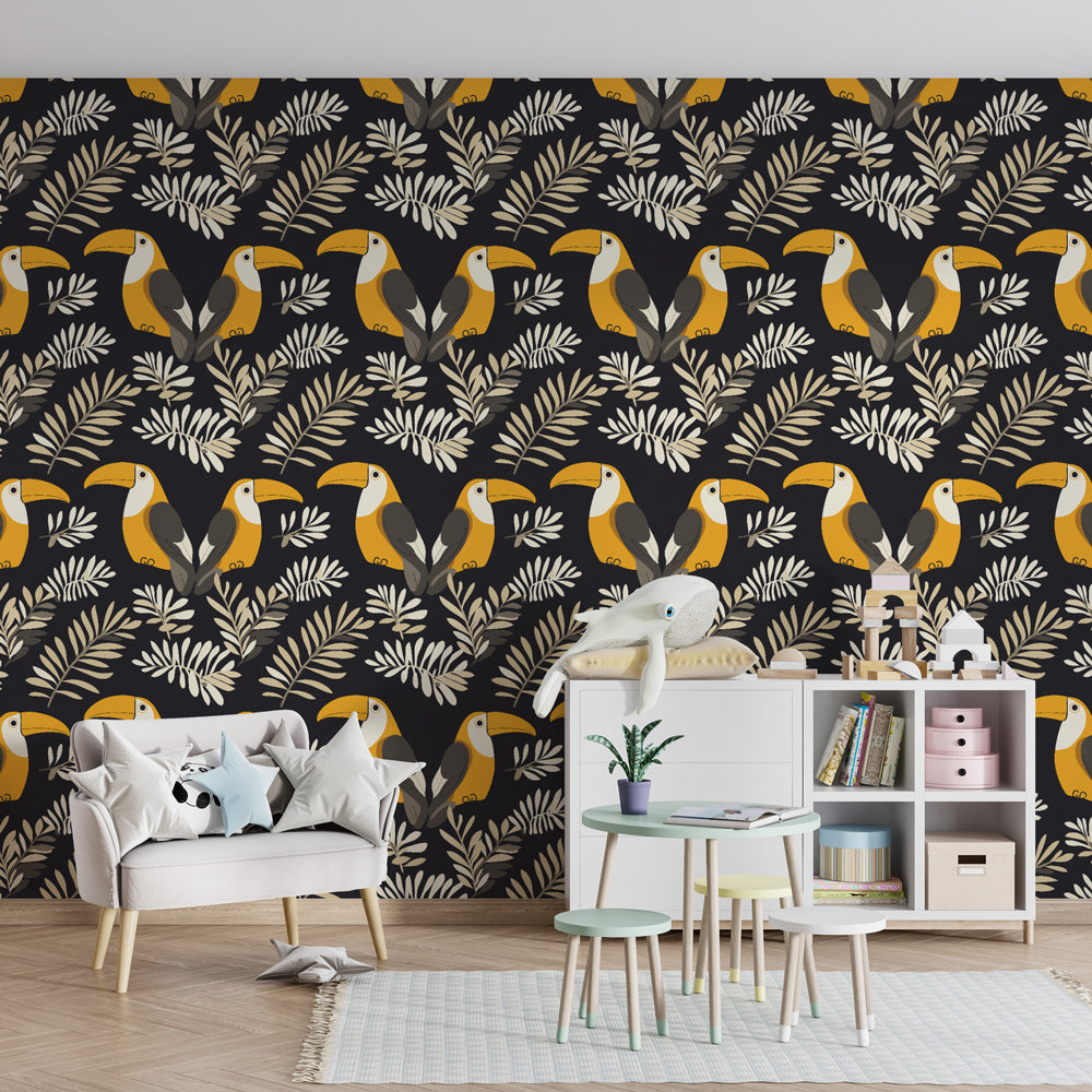 Jungle bird mural wallpaper transforming kids playroom into tropical paradise adventure space