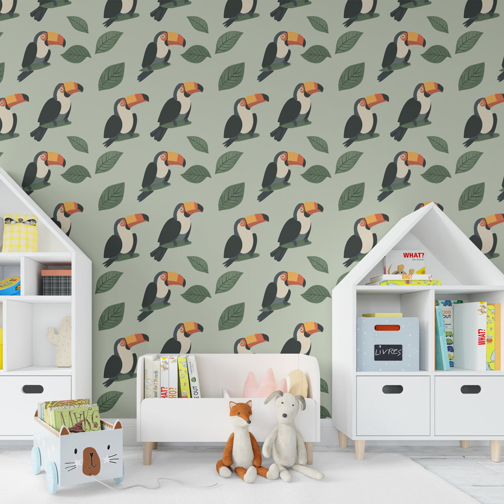 Colorful toucan wallpaper creating tropical jungle theme in children's bedroom decor