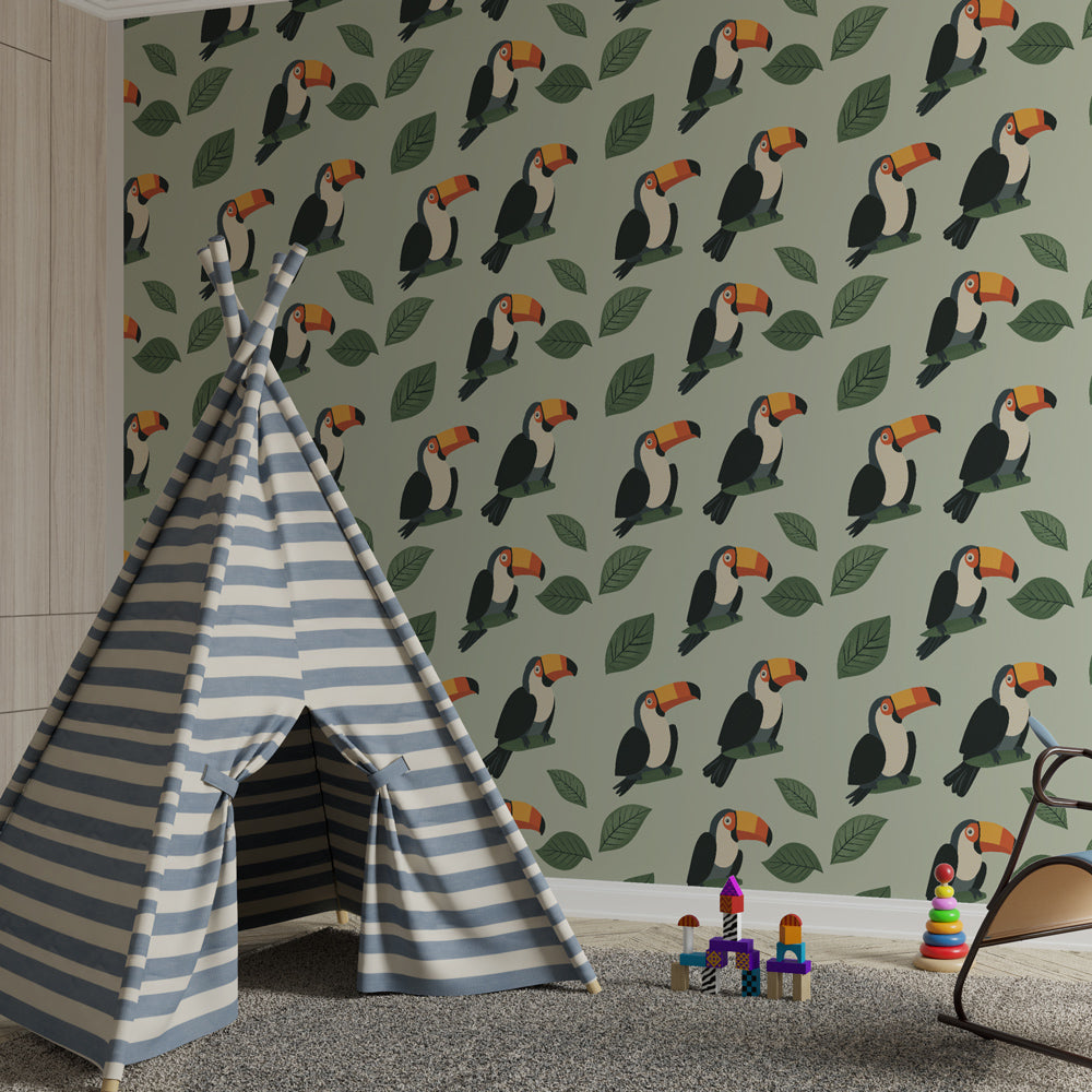 Vibrant toucan birds mural wallpaper transforming kids playroom into tropical paradise